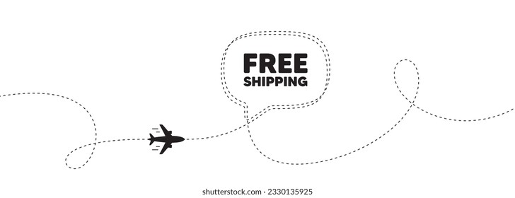 Free shipping tag. Plane travel path line banner. Delivery included sign. Special offer symbol. Free shipping speech bubble message. Plane location route. Dashed line. Vector