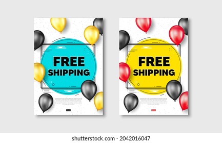 Free shipping text. Flyer posters with realistic balloons cover. Delivery included sign. Special offer symbol. Free shipping text frame white posters. Balloons cover. Vector
