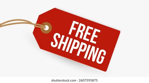 Free shipping text on red hanging price tag with string, evokes urgency, savings, promo offer. Ideal for ecommerce banners, packaging, sale labels. Vector illustration