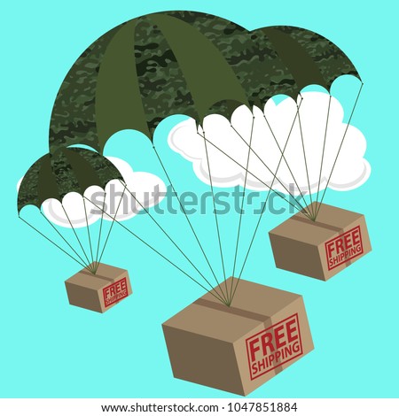 Free shipping text written on three 3D boxes  attached to parachutes in military camouflage style. Vector illustration with clouds in the background.