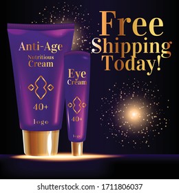 Free shipping today realistic vector product social media post template. Lotion for mature skin. Anti-aging cream 3d ads mockup design with text. Cosmetics order promotional square web banner layout