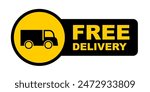Free shipping truck icon emblem. Free delivery truck icon emblem. Vector truck box symbol in flat style. yellow black colour. delivery service sign with text. bussiness truck. sticker printable.