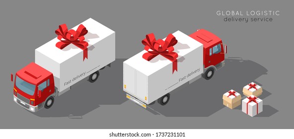 Free shipping vector illustration. Isolated delivery truck with red bow. Gift box on truck. Set of white open and closed gift box present with red ribbon bow in isometric. Cargo logistics