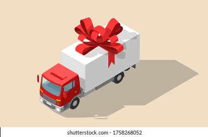 Free shipping vector illustration. Isolated delivery truck with red bow. Gift box on truck. Set of white open and closed gift box present with red ribbon bow in isometric. Cargo logistics