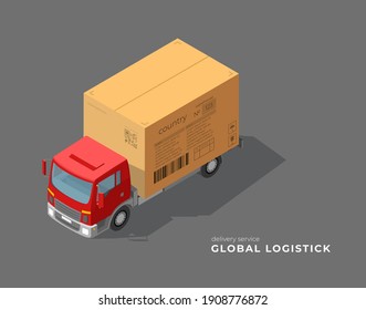 Free shipping vector illustration. Isolated delivery truck. Box on truck in isometric style. Cargo logistics