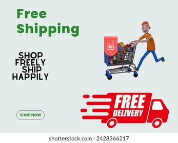 Free Shipping Vector web banner or poster template with flat design delivery truck and a boy with full loaded cart with free shipping and with some call to action text. 3d style vector illustration