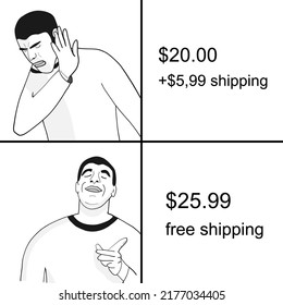 Free shipping vs paid shipping. Funny meme for social media sharing.