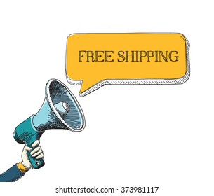 FREE SHIPPING word in speech bubble with sketch drawing style