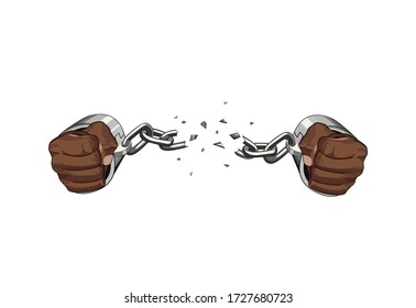 Free Slave Broken Handcuffs Chain.  African Hands. Vector Graphic Illustration