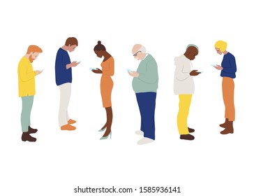 Free of smartphone addiction concept. Group of men and women cartoon characters with mobile phones. Flat hand drawn vector illustration. People and cityscape. 