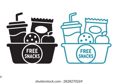 Free snacks icon set with food basket, drink cup, chips bag, cookie, and apple in solid black and blue outline styles clean, grouped ,vector icon illustration.