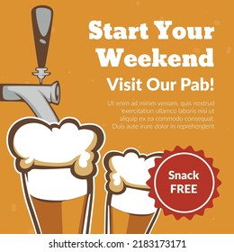 Free snacks, start your weekend by visiting our pub. Restaurant with organic and tasty crafted beer, delicious meal and drinks served. Soft and mild ale, glass with alcohol. Vector in flat style