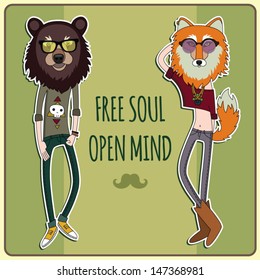 Free soul - Open Mind - Fashionable hipster bear and fox