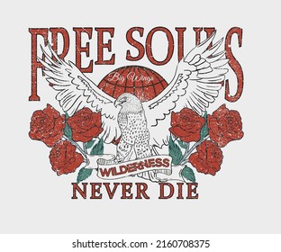 Free souls vector print design. Eagle and flower artwork for posters, stickers, background and others. Bird and rose illustration.