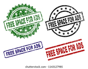 FREE SPACE FOR ADS seal imprints with corroded surface. Black, green,red,blue vector rubber prints of FREE SPACE FOR ADS title with corroded surface. Rubber seals with round, rectangle, medal shapes.