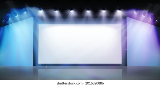 Free space for advertising. Projection screen on the stage. Exhibition in art gallery. Vector illustration.