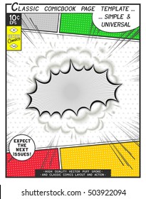 Free space Comic book page template. Comics speech bubble with speed lines and 3D explosion.