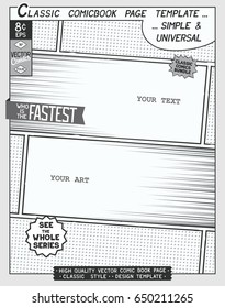 Free Space Comic Book Page Template. Comics Layout And Action With Speed Lines, Halftone Background And Other Elements.