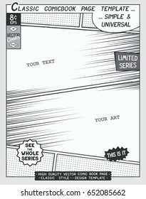 Free Space Comic Book Page Template. Comics Layout And Action With Speed Lines, Halftone Background And Other Elements.