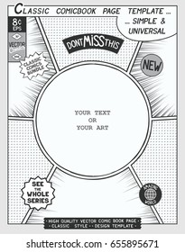 Free Space Comic Book Page Template. Comics Layout And Action With Speed Lines,
 Halftone Background And Other Elements.