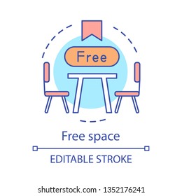 Free space concept icon. Сafe. Restaurant table reservation. Coffee shop. Coworking. Table and chairs. Meeting room idea thin line illustration. Vector isolated outline drawing. Editable stroke
