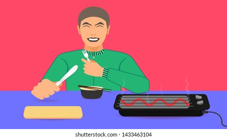free space on the chalice butcher and electric toaster for your food promotion. a man happy while eating meal recommended. on left hand holding a spoon and a knife on right hand.