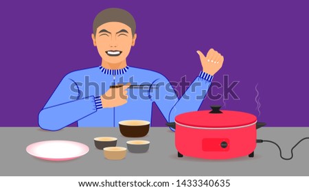 free space on the chalice  dish and electric pan for your food promotion. a man happy while eating meal recommended and acting give a like on left hand and right holding the chopsticks. vector