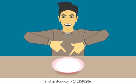 free space on dish for your food promotion. a man pointing to a ware for meal recommended. vector illustration eps10
