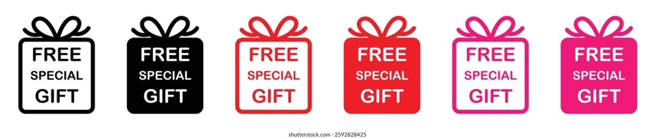 Free special gift icon set with present box and ribbon in black, red, and pink colors for promotions, discounts, giveaways, and holiday sales. Set of Gift Boxes, Birthday, Christmas, Anniversary.