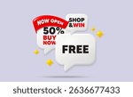 Free speech bubbles. Now open flag ribbon. Free tag. Special offer sign. Sale promotion symbol. Discount chat bubbles with 3d sparkles. Vector