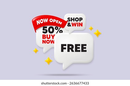 Free speech bubbles. Now open flag ribbon. Free tag. Special offer sign. Sale promotion symbol. Discount chat bubbles with 3d sparkles. Vector