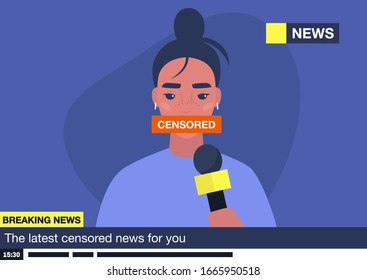 Free speech, fake news, censored facts, access to information, young female tv host with a taped mouth, propaganda concept