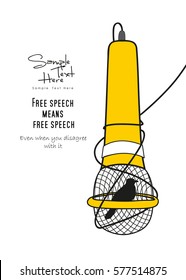 Free of speech / Freedom of expression vector / Free of press doodle design / A bird in a cage seeking to be released  and dreaming of freedom