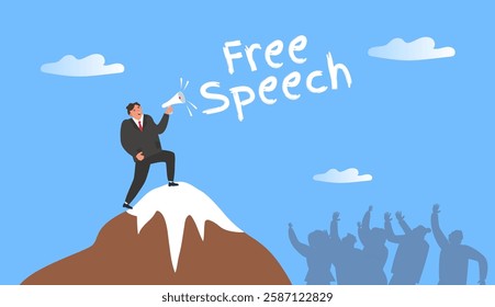 free speech man with megaphone standing on mountain comunication with people vector illustration