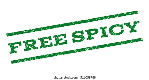 Free Spicy watermark stamp. Text tag between parallel lines with grunge design style. Rubber seal stamp with scratched texture. Vector green color ink imprint on a white background.