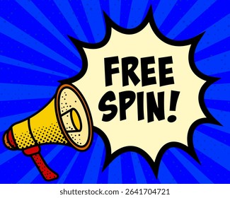 Free spin announcement speech bubble. Megaphone, speech burst, comic style, bright background, communication element, expression tool, voice projection, information sharing, pop art design.