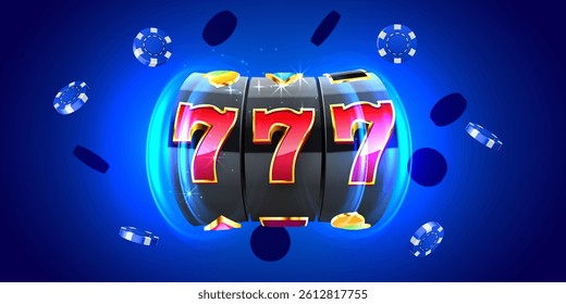 Free spin. Black slot machine wins the jackpot. 777 Big win concept. Casino jackpot. Vector illustration