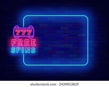 Free Spins Neon Promotion Vorlage. Begrüßungskarte. Leerer blauer Rahmen und Jackpot mit Typografie. Chance Spiel Flyer. Casino-Werbung. Leerzeichen kopieren. Bearbeiten von Text. Vektorbestandsdarstellung