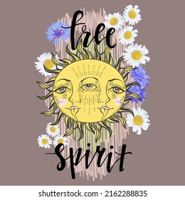 Free spirit. Boho banner for astrology, celestial alchemy. Hand drawn vintage label with a retro sun and lettering. For apparel t shirt fashion design 