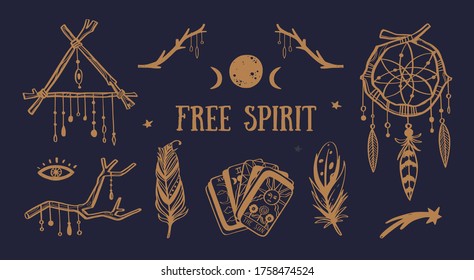 Free spirit boho vector collection. Dreamcatchers, feathers, tarot cards and other mystical symbols