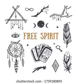 Free spirit boho vector collection. Dreamcatchers, feathers, tarot cards and other mystical symbols