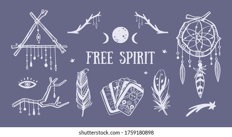 Free spirit boho vector collection. Dreamcatchers, feathers, tarot cards and other mystical symbols