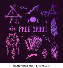 Free spirit boho vector collection. Dreamcatchers, feathers, tarot cards and other mystical symbols