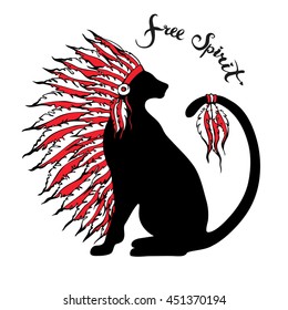 Free Spirit freehand lettering and black cat silhouette in tribal war bonnet. Pets portrait with native American Indian chief headdress. Three colors illustration style. Vector EPS file.