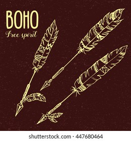 Free spirit. Hand drawn tribal arrows in boho style. Vector illustration isolated on vintage background. Detailed drawing in line art graphic style. Tattoo sketch, textile, brochure, card design.