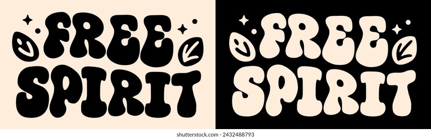 Letras de espíritu libre onduladas letras groovy. Citas de chica mística de corazón salvaje. Celestial retro vintage boho bohemio gitano alma estética. Diseño de camisa de ropa e impresión de vector de texto cortado archivo.