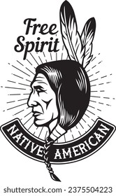 Free Spirit. Native American. Indian Chief Head Color Vector Illustration.