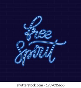 Free spirit Neon sign with lettering on dark background vector illustration. Logo design template. Light banner, glowing neon signboard for advertising. 