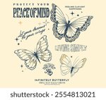 Free spirit. Protect your peace of mind. Butterfly with flower artwork for t shirt print, poster, sticker, background and other uses. Spring flower. Self love club.