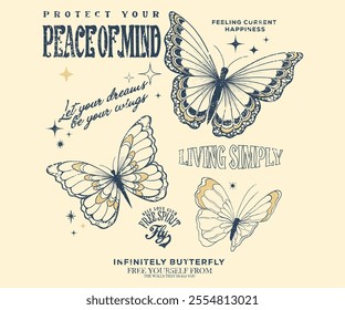 Free spirit. Protect your peace of mind. Butterfly with flower artwork for t shirt print, poster, sticker, background and other uses. Spring flower. Self love club.